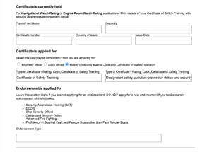 AMSA Form 419 certificates applied for section showing Certificate of Safety Training selected